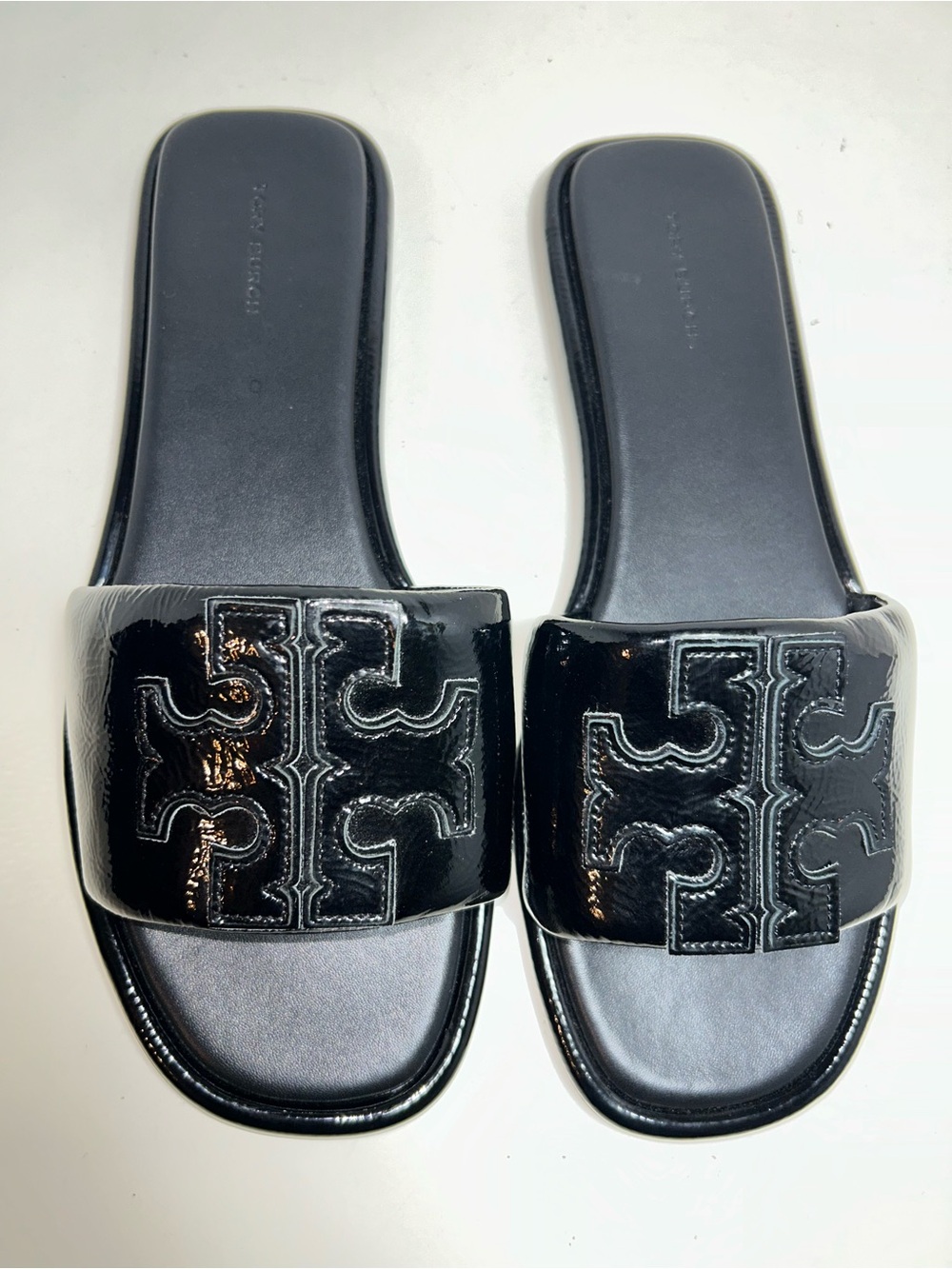 Tory Burch Double T Sport Slides Perfect Black Patent Leather
